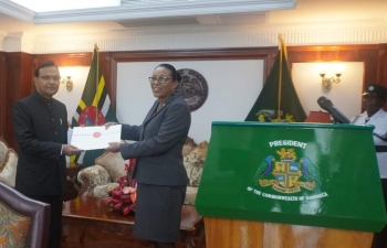 High Commissioner Dr. Pradeep Rajpurohit presented his Letters of Credence from the Hon. President of India to Her Excellency Sylvanie Burton, President of the Commonwealth of Dominica for his appointment as the HC of India to the Commonwealth of Dominica in a ceremony held at the Office of the President on August 12, 2024.